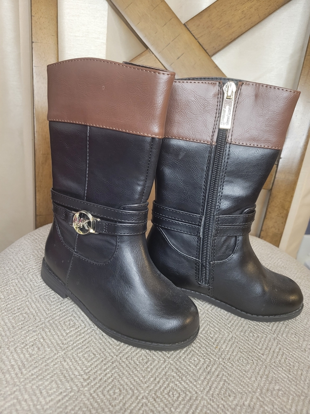 Michael Kors Black & Brown Mid-Calf Boots with Gold Logo Accent